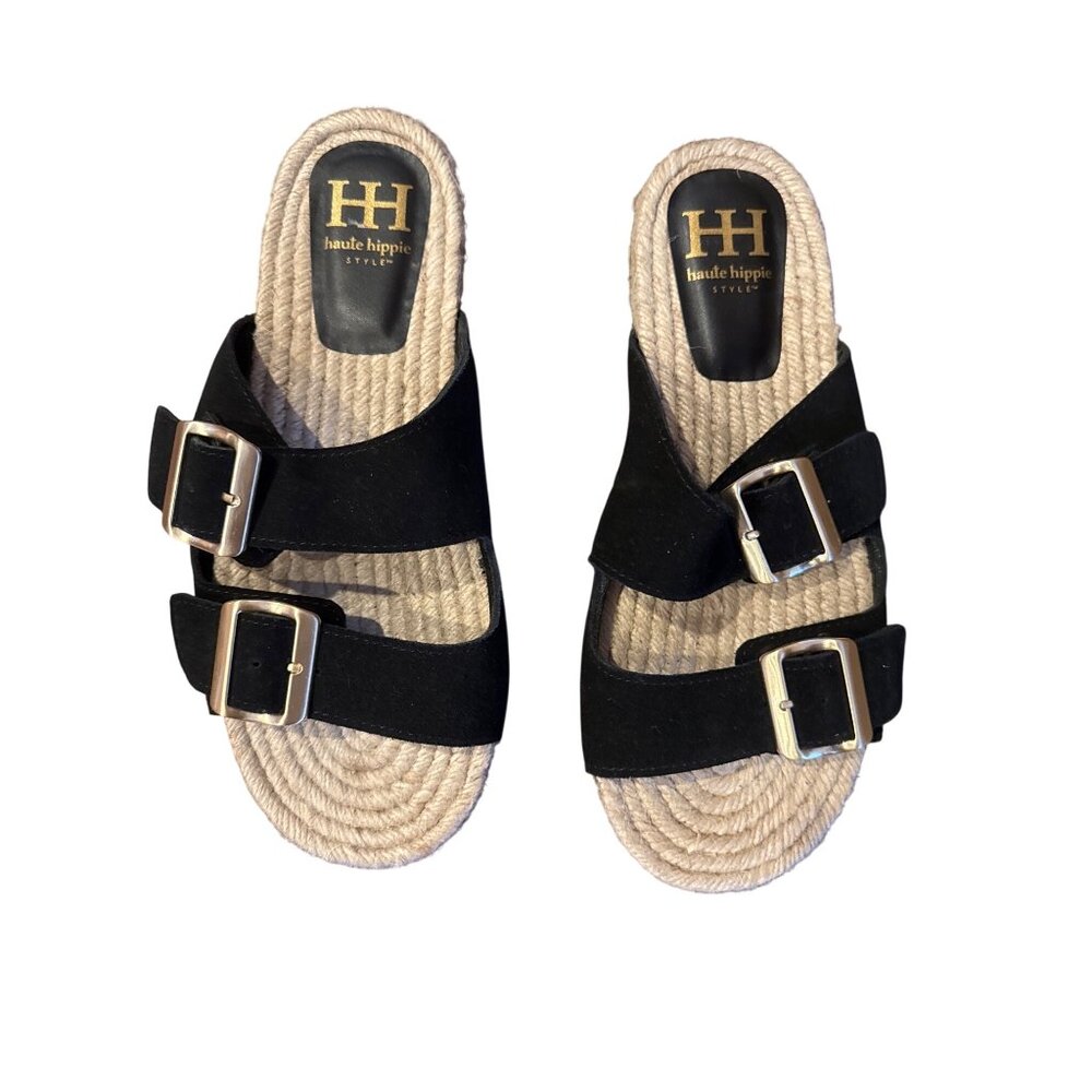 Haute Hippie Nikki Sandals Black Suede Espadrille Slide Buckle Straps Women 10M - Picture 10 of 10